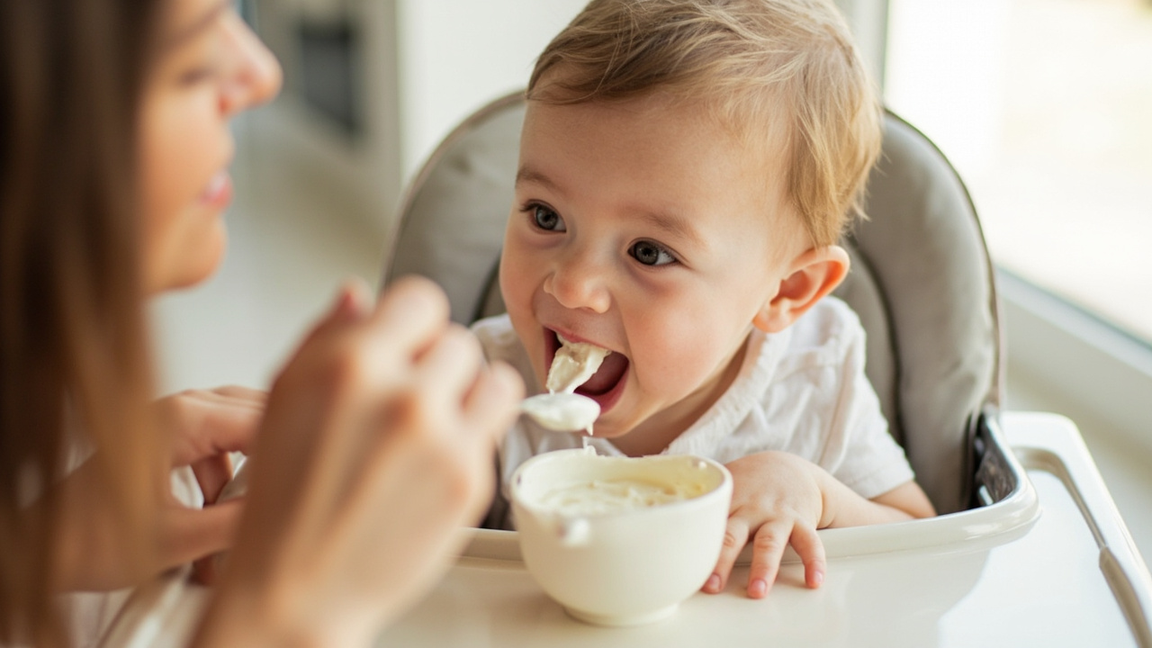 Baby eating yogurt with a spoon