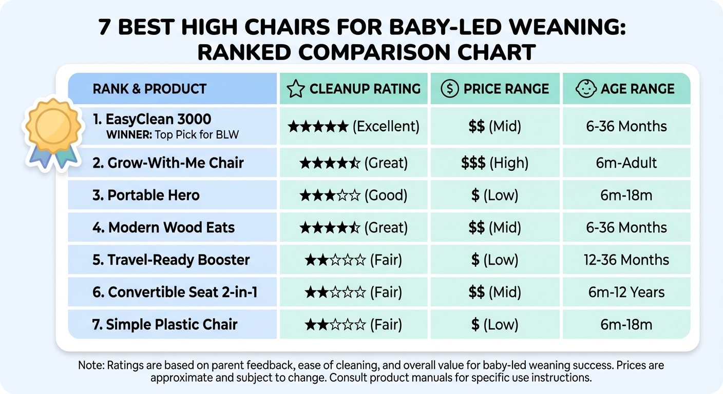 BLW high chair checklist infographic showing five key features: firm flat seat, adjustable footrest, stable base, removable dishwasher tray, and 5-point harness
