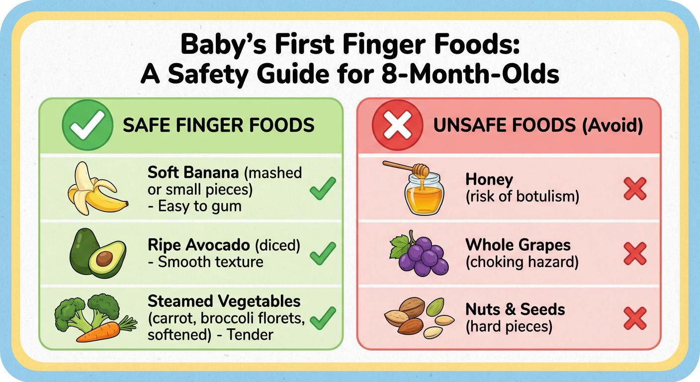 Safe finger foods for 8-month-olds category chart showing vegetables fruit proteins grains and dairy options with preparation notes