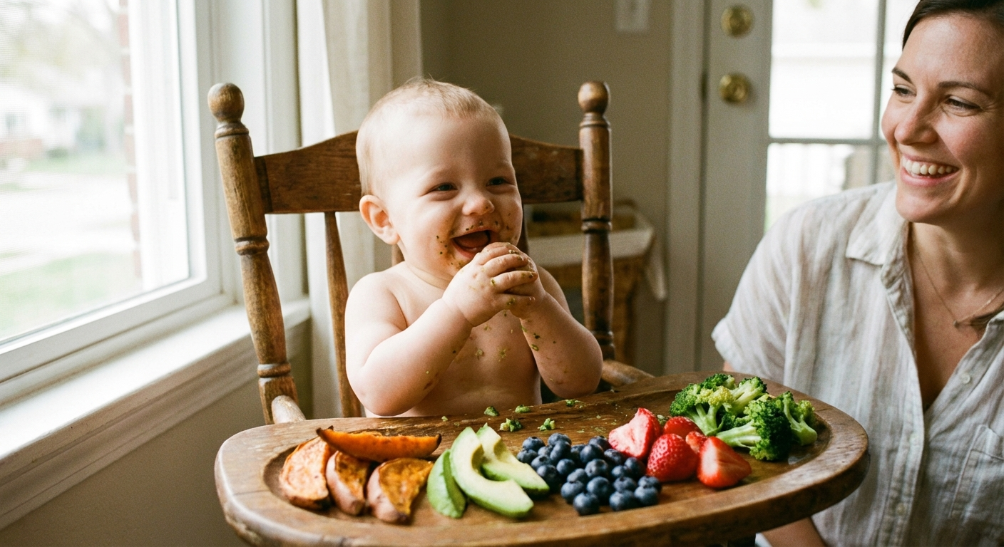 Finger foods for 8-month-old babies hero image showing safe soft foods on wooden tray including banana avocado soft veg and toast strips