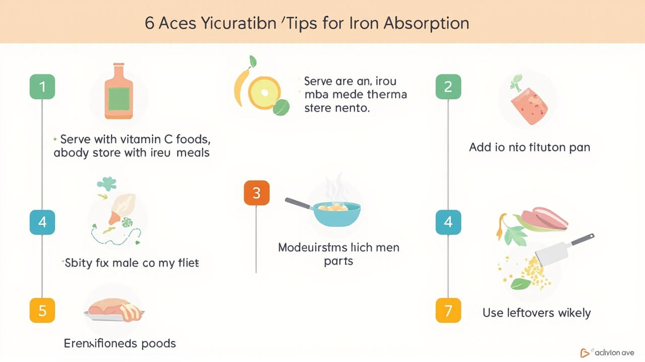 Infographic with six practical tips for helping babies absorb more iron from food