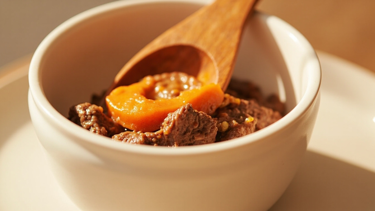 A smooth puree of beef and sweet potato in a baby bowl