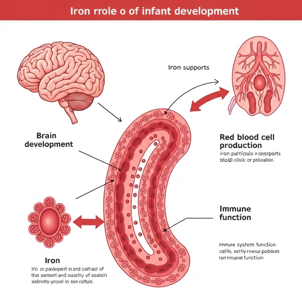 Diagram showing how iron supports brain development, red blood cell production, and immune function in infants