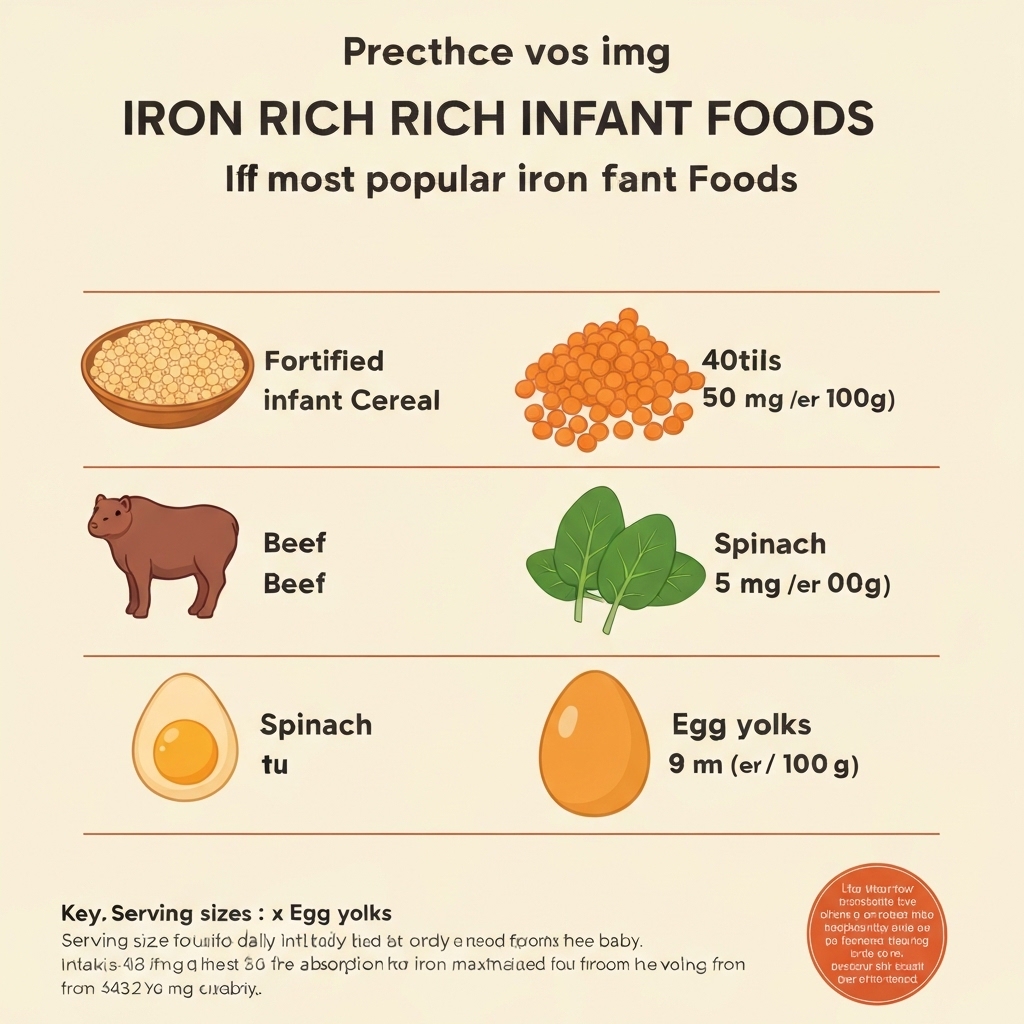 Infographic comparing the iron content per 100g of the top iron-rich foods for babies, from fortified cereals to lentils, beef, spinach, and egg yolk