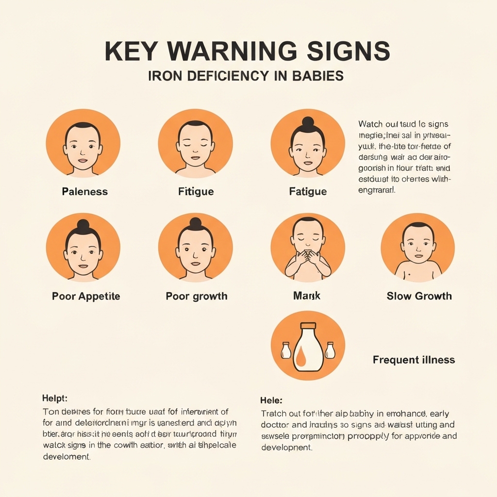 Infographic illustrating the key warning signs of iron deficiency in babies: paleness, fatigue, poor appetite, slow growth, and frequent illness