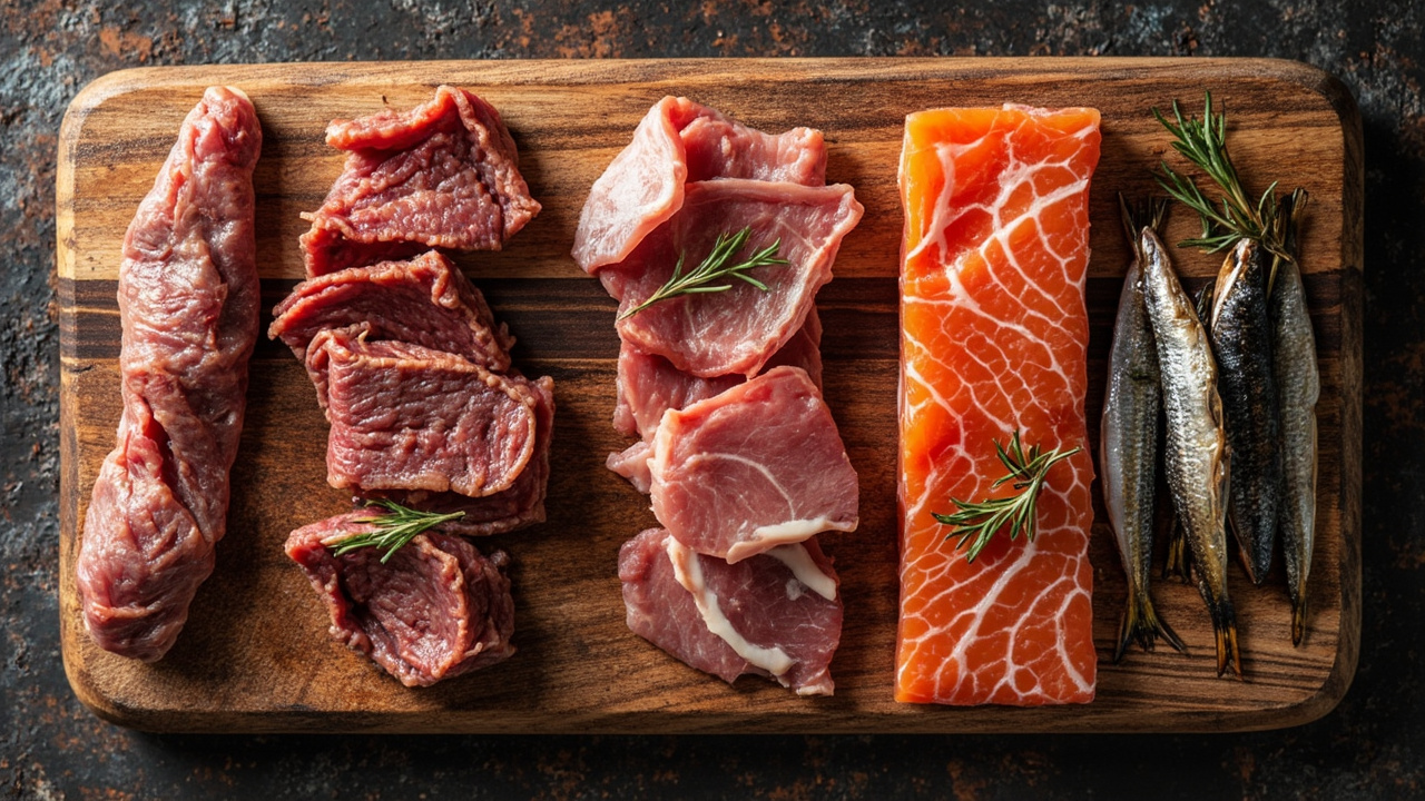 A flat lay of iron-rich animal foods suitable for baby weaning — liver, beef, sardines, and lamb