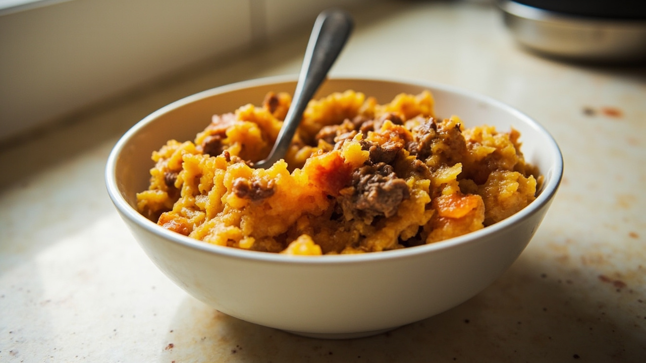A bowl of mashed lamb and red lentils with roasted red pepper for a 7-9 month old baby