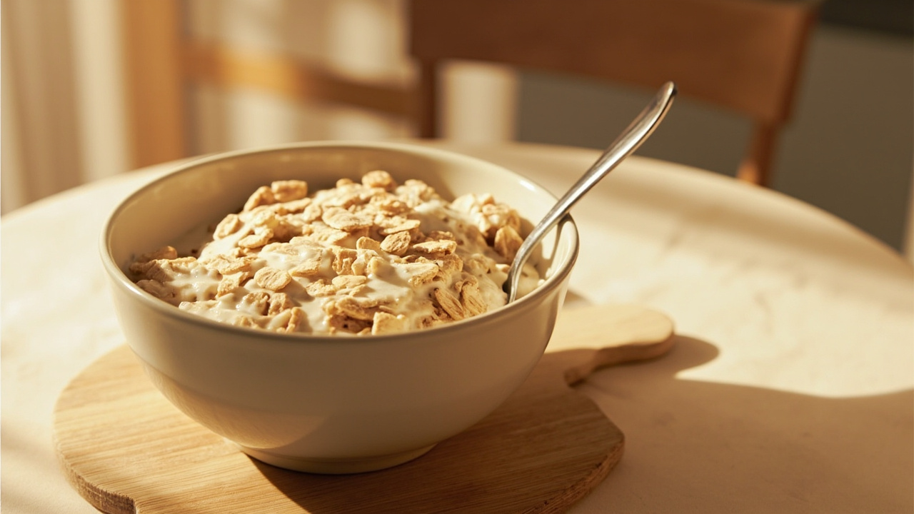 A bowl of iron-fortified oat cereal with pureed pear for a 6-month-old baby