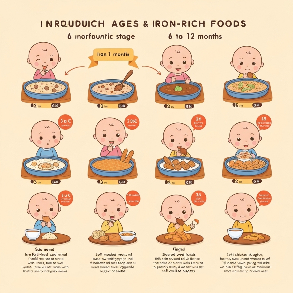 Age-by-stage portion and texture guide for serving iron-rich foods to babies from 6 months to 12 months, showing puree, mash, soft lumps, and finger food progression