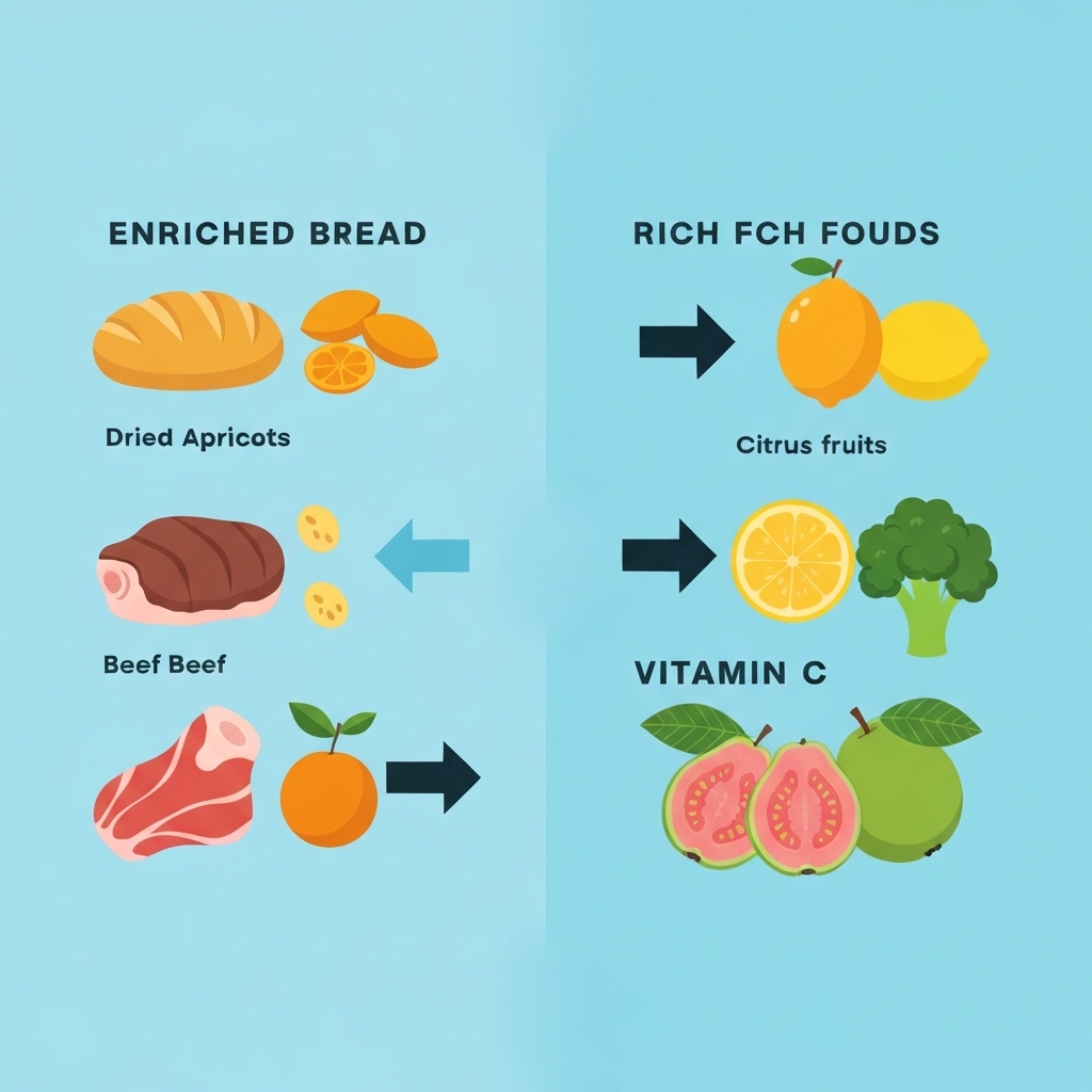 Illustrated pairing guide showing iron-rich foods on one side and vitamin C-rich foods on the other, with arrows showing the best combination pairs