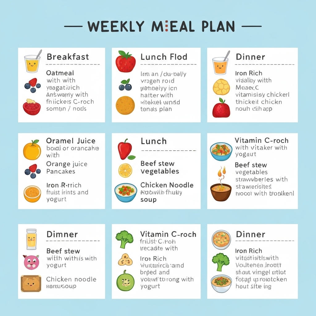 A colourful weekly meal plan grid showing iron-rich breakfast, lunch, and dinner options for babies aged 7–12 months with vitamin C pairing suggestions