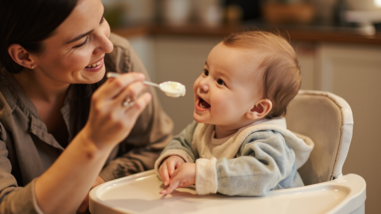 Parent offering yogurt to baby on spoon