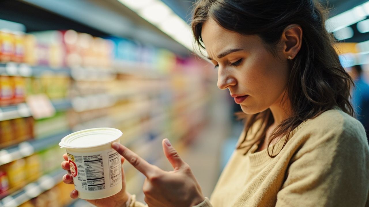 Parent reading food label in supermarket