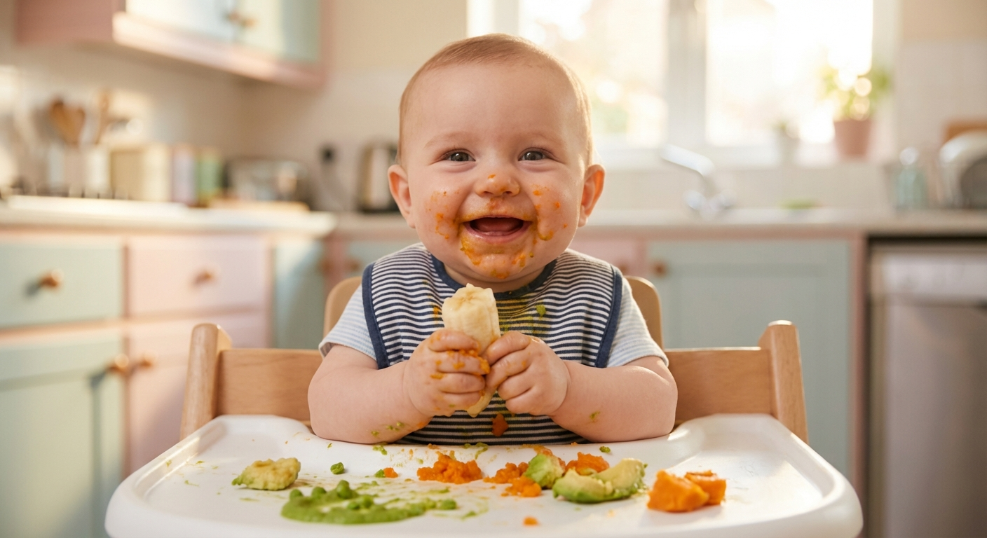Baby exploring colorful first foods on high chair tray