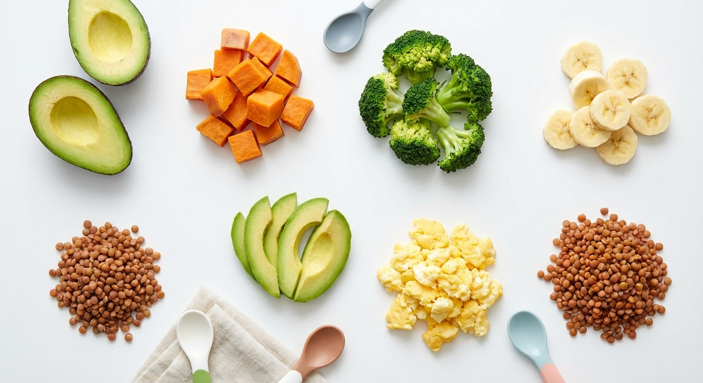 Flat lay of healthy first foods for 6-month-old babies
