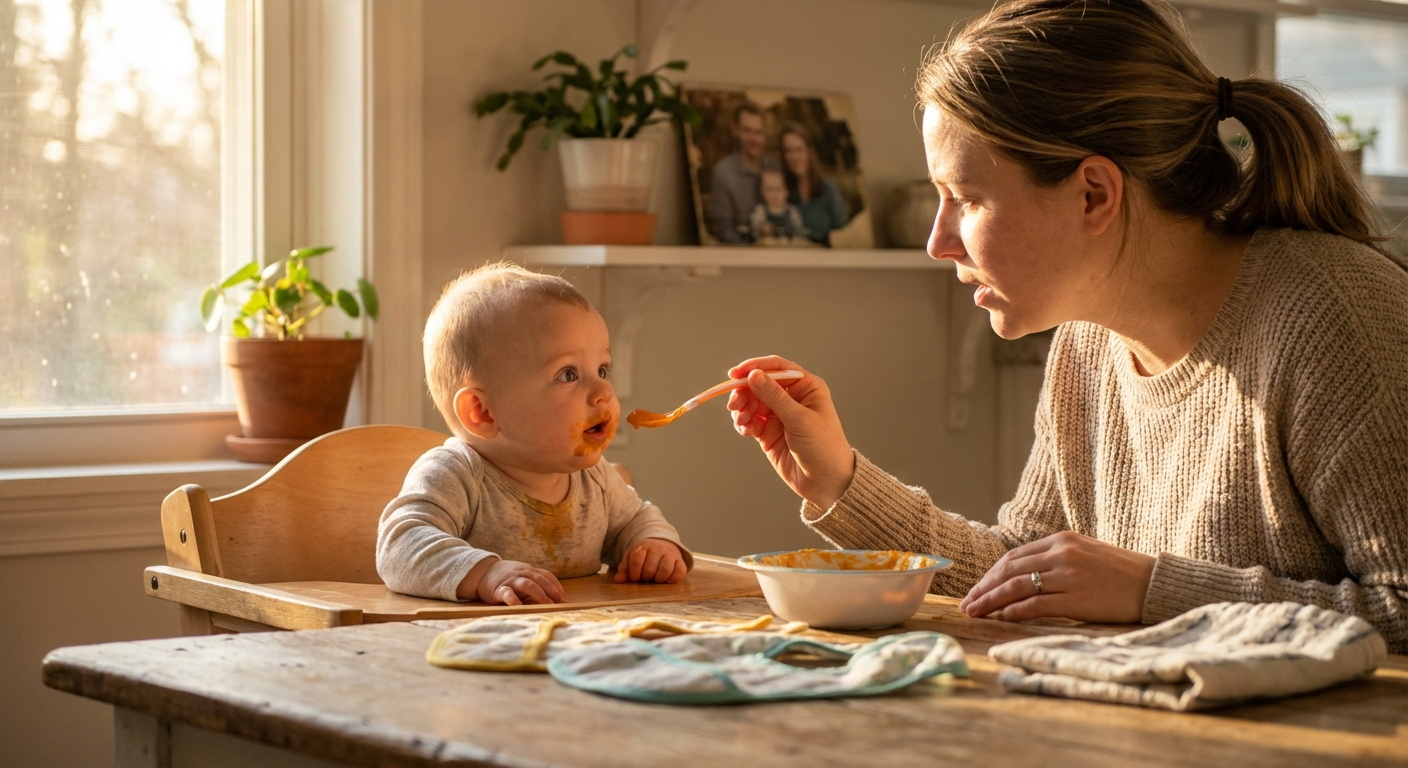 Mother feeding baby sweet potato puree for the first time
