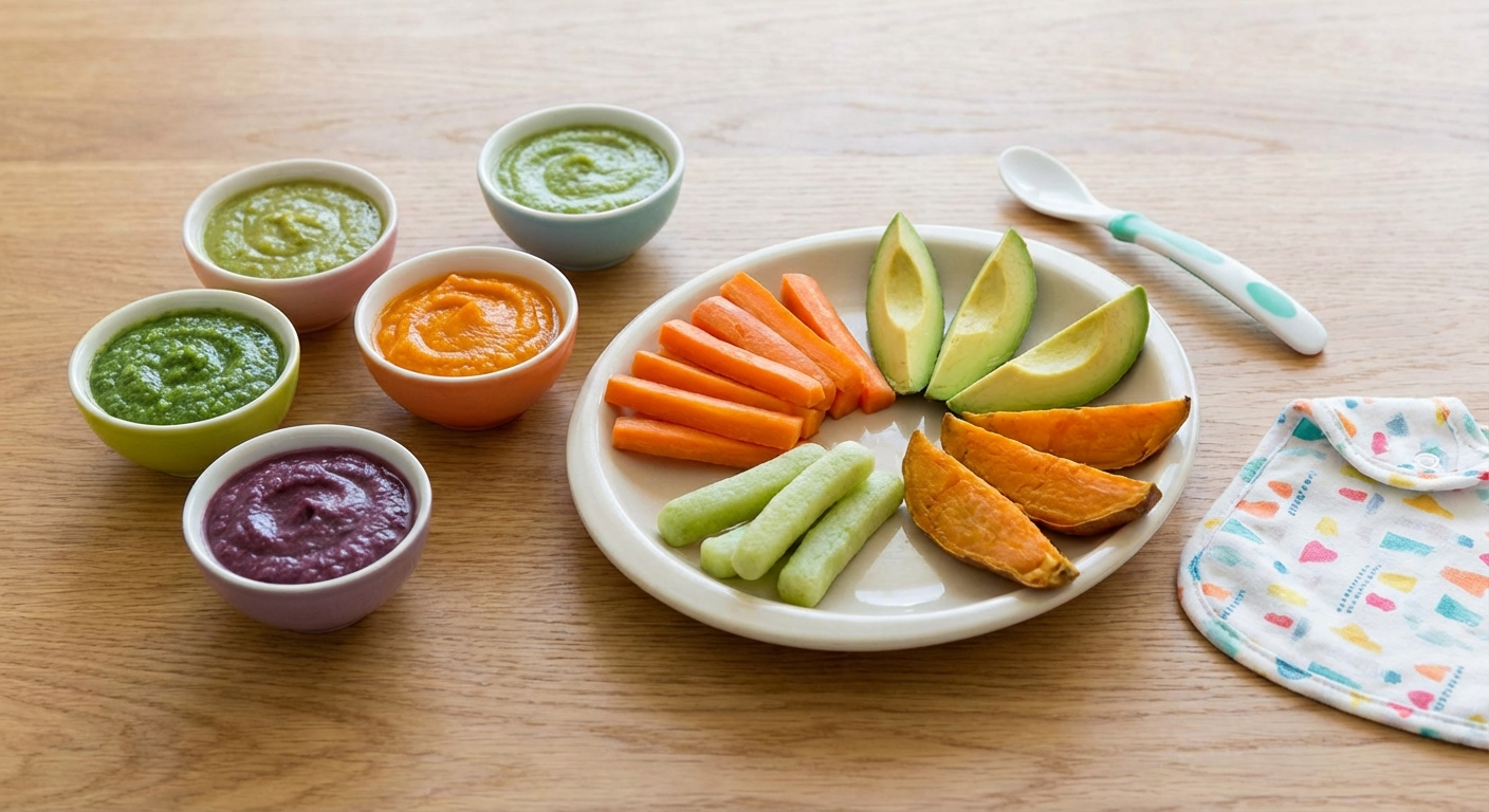 Colourful baby food in small glass jars — green, orange, and purple purées arranged neatly on a kitchen counter with a blender visible