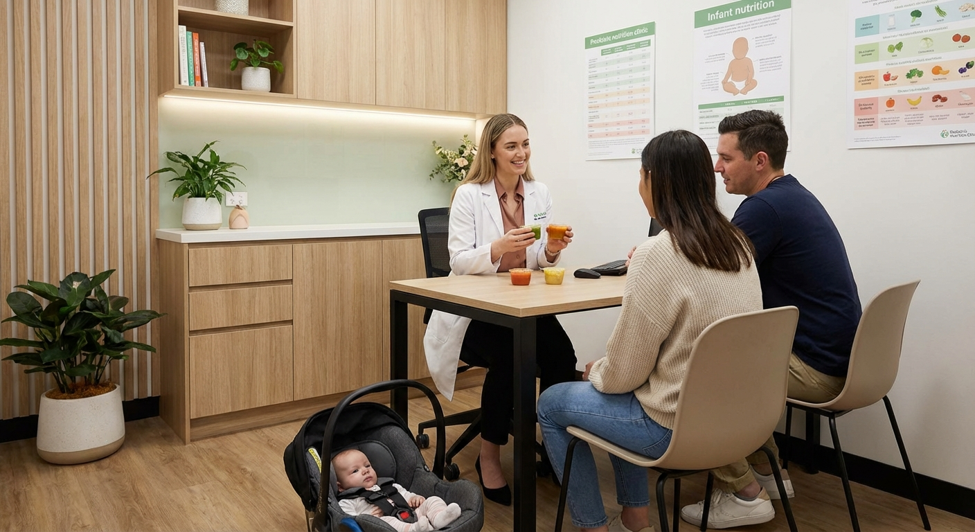 Paediatric dietitian showing parents healthy baby food options