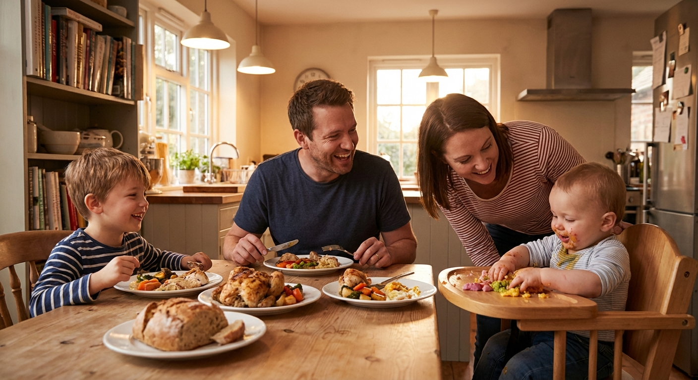Happy family eating dinner together with baby in high chair