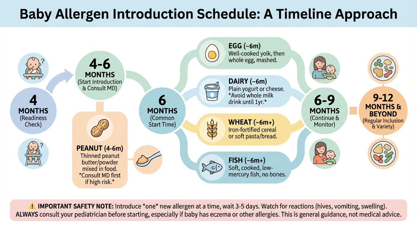 Baby allergen introduction schedule infographic — timeline for top 9 allergens