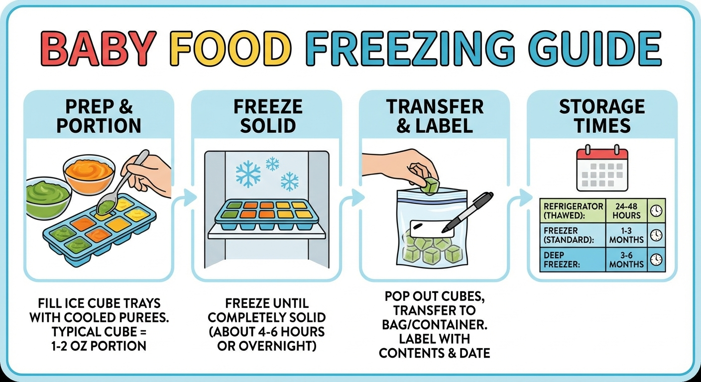 Baby food batch cooking and freezing guide — ice cube trays portions labelling