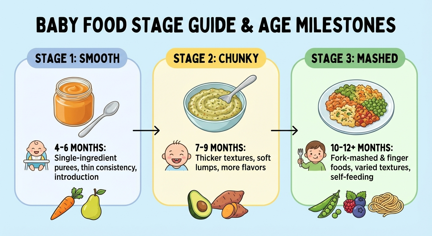 Baby food puree stage guide — stage 1 smooth to stage 3 mashed timeline