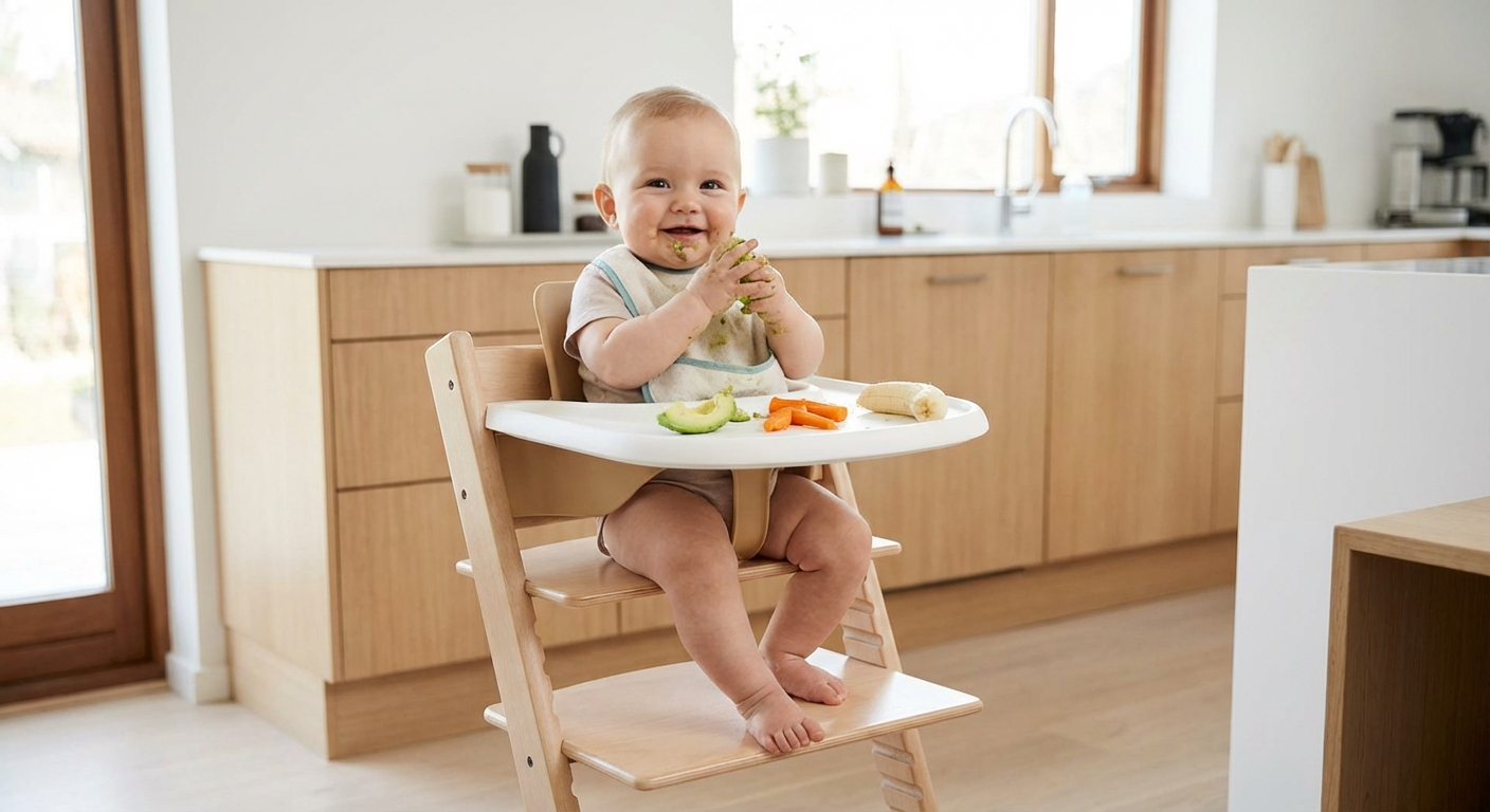 Baby sitting in modern wooden high chair for baby-led weaning